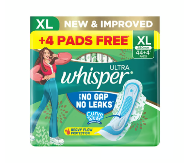 Whisper Ultra Upto No Gap No Leaks Sanitary Pads (XL, 44 pieces)